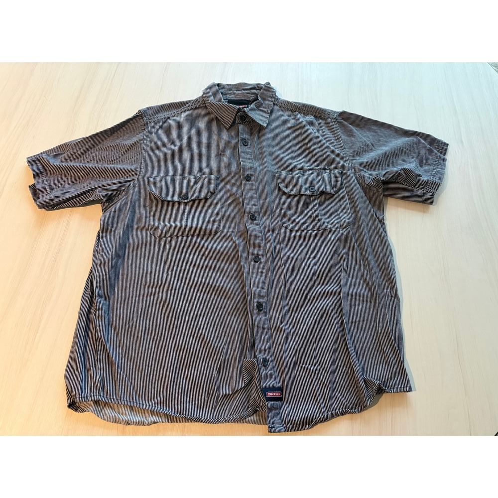 Dickies Men's XL Black White Striped Short Sleeve Work Shirt Button Up